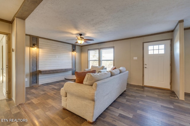 living room with crown molding, plenty of natural light, dark hardwood / wood-style floors, and a textured ceiling