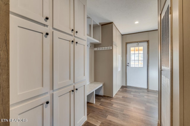 mudroom featuring crown molding and light wood-type flooring