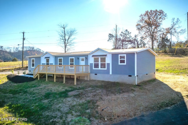 rear view of property with crawl space and a wooden deck