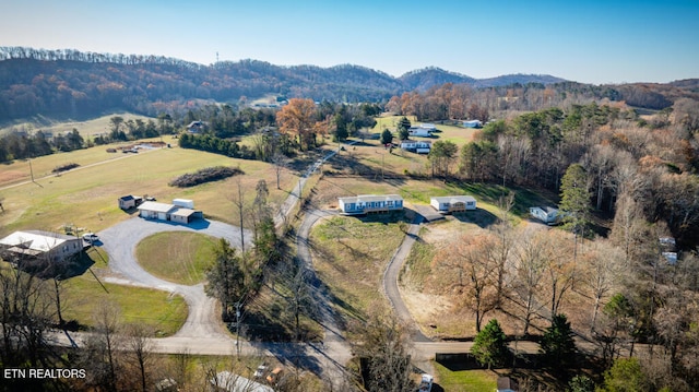 birds eye view of property with a forest view, a mountain view, and a rural view