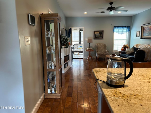 interior space with ceiling fan and dark hardwood / wood-style flooring