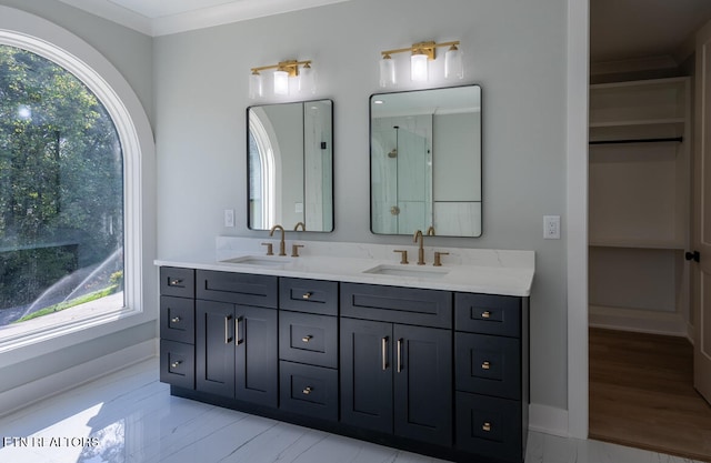 bathroom with a sink, a shower, and a wealth of natural light