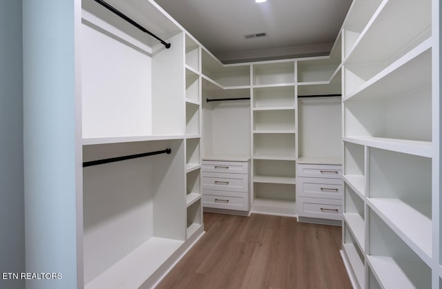 spacious closet featuring dark wood finished floors and visible vents