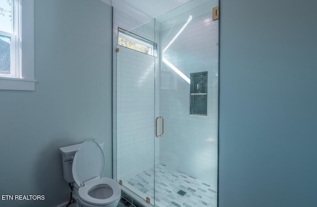 bathroom with a shower stall and toilet