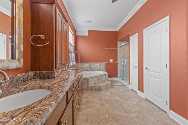 bathroom featuring ornamental molding, tile patterned flooring, vanity, and separate shower and tub