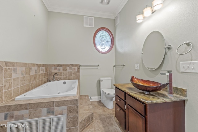 bathroom featuring crown molding, tiled tub, vanity, and toilet