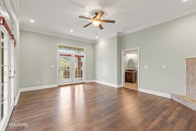 unfurnished living room with ornamental molding, ceiling fan, french doors, and dark hardwood / wood-style flooring