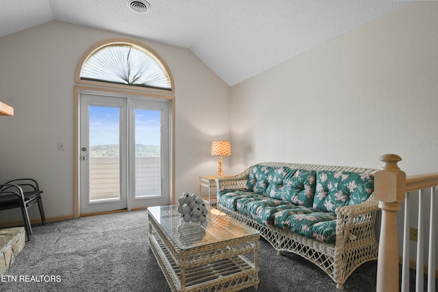 living room with carpet floors and vaulted ceiling