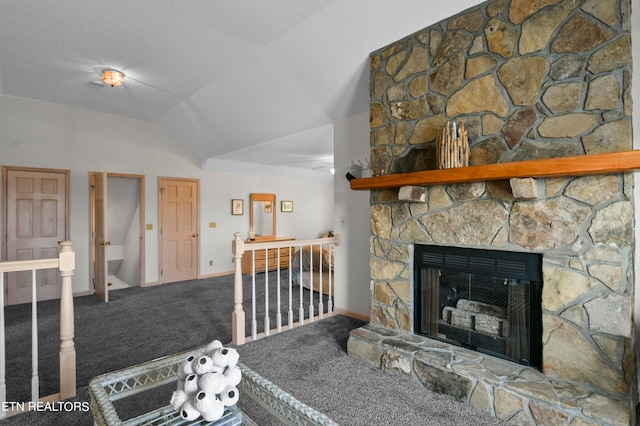 living room featuring a fireplace, vaulted ceiling, and carpet