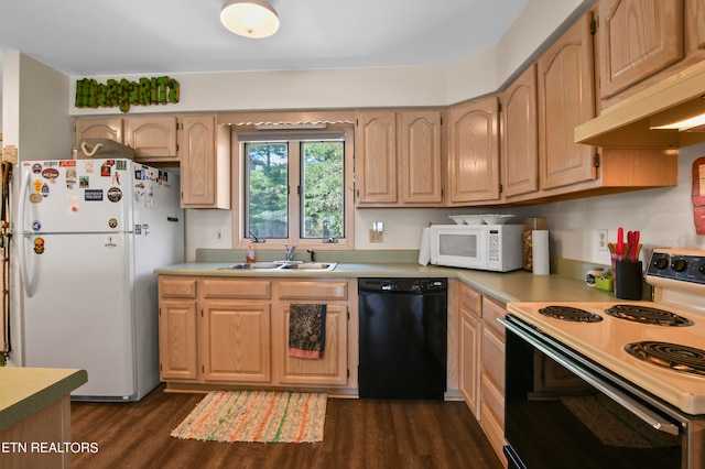 kitchen with white appliances, light brown cabinets, dark wood-type flooring, and sink