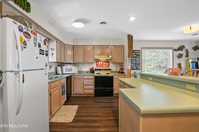 kitchen featuring light brown cabinets, dark hardwood / wood-style floors, and white appliances