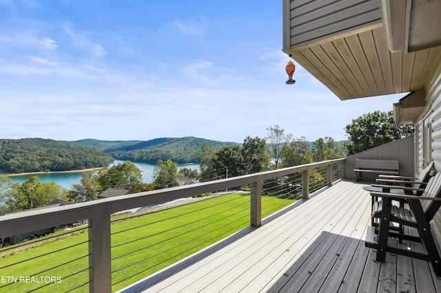 deck featuring a lawn and a water view