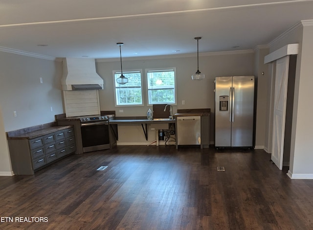 kitchen featuring decorative light fixtures, appliances with stainless steel finishes, custom range hood, and dark hardwood / wood-style flooring