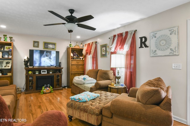 living room with ceiling fan and hardwood / wood-style flooring