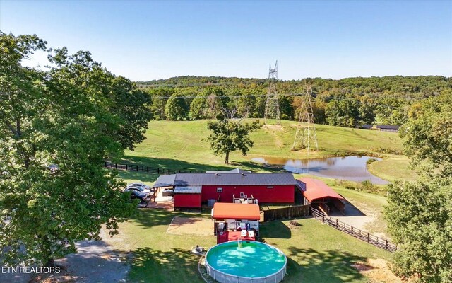 aerial view featuring a water view and a rural view