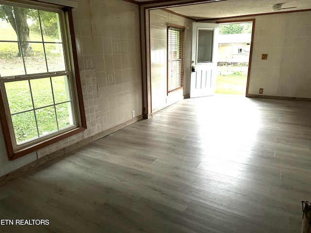 empty room featuring a healthy amount of sunlight, tile walls, and light wood-type flooring