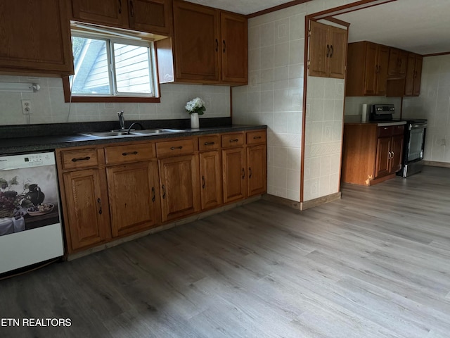 kitchen with electric stove, sink, dishwasher, and light wood-type flooring