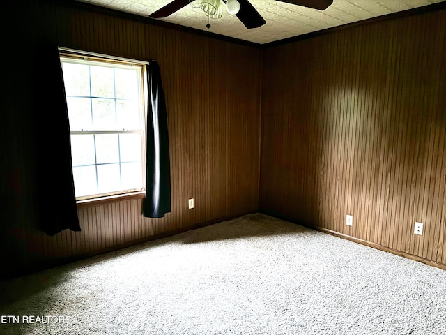 spare room with a wealth of natural light, ceiling fan, and wood walls