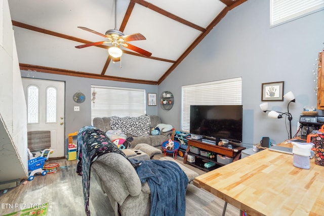 living room featuring high vaulted ceiling, light wood-type flooring, and ceiling fan