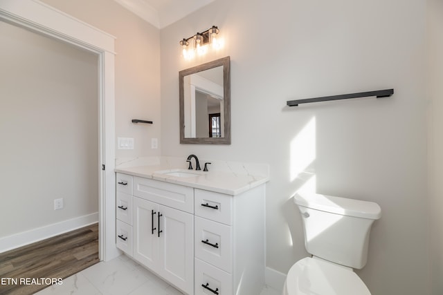 bathroom featuring vanity, hardwood / wood-style flooring, and toilet