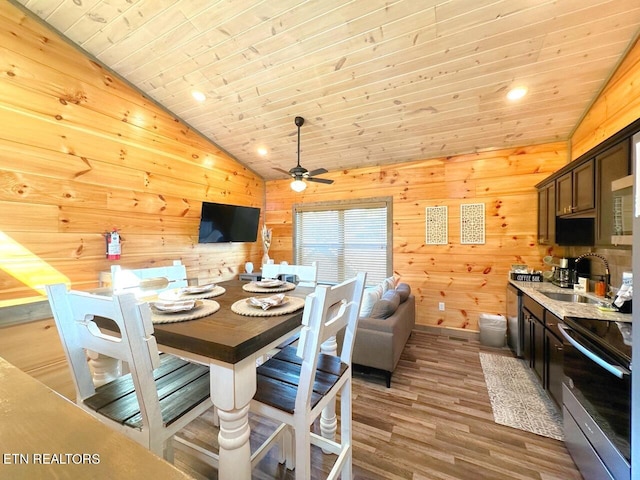 dining space with ceiling fan, sink, wooden ceiling, light hardwood / wood-style floors, and vaulted ceiling