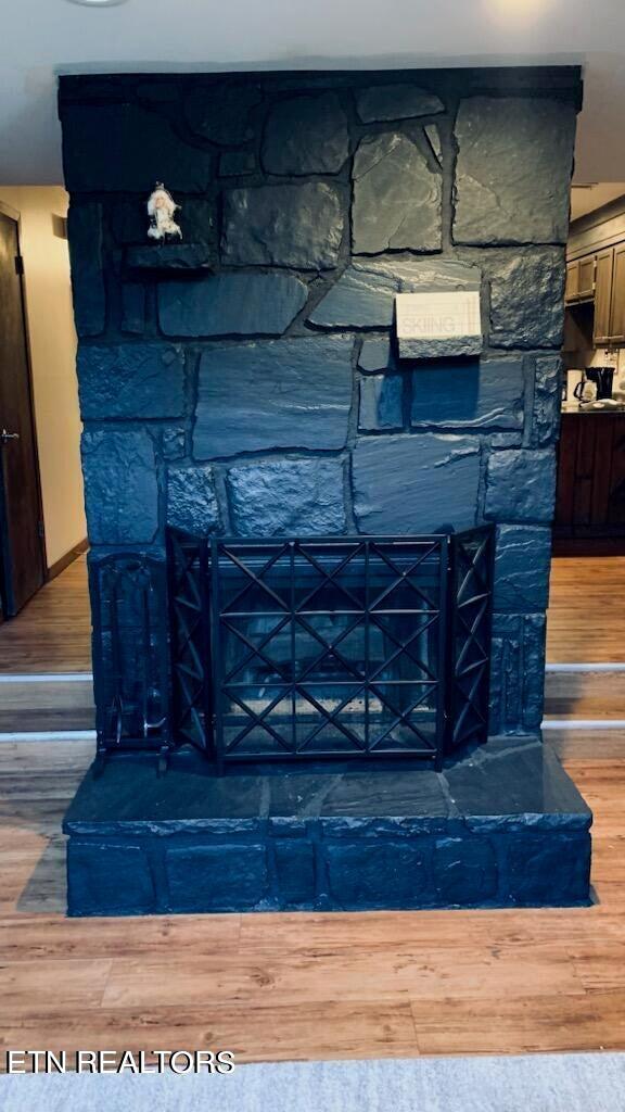 details with wood-type flooring and a stone fireplace