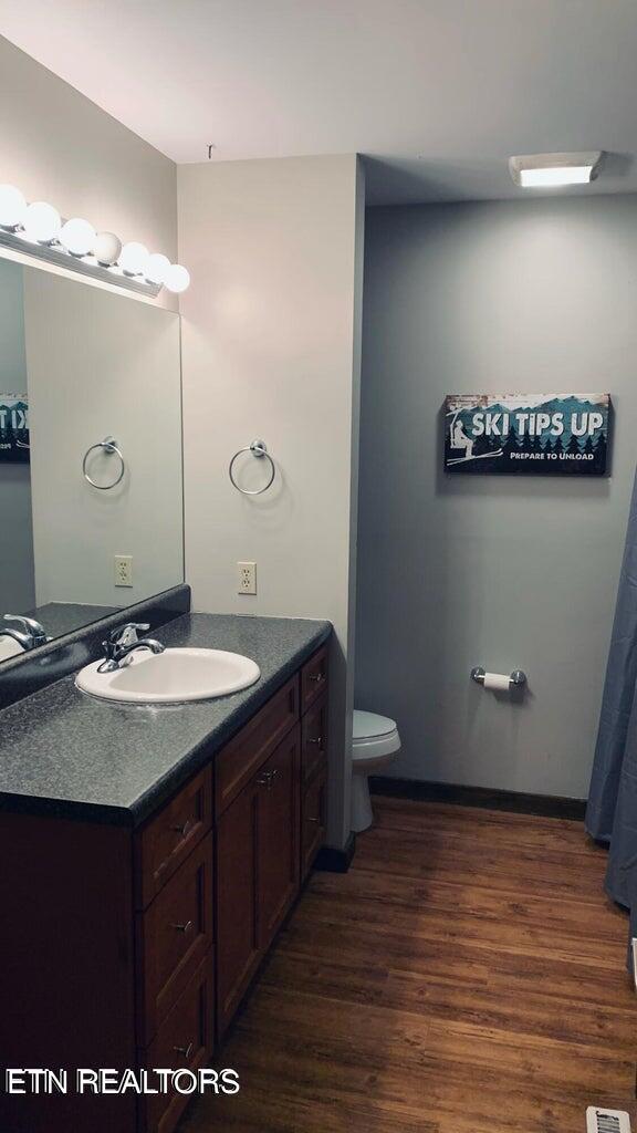 bathroom featuring vanity, toilet, and hardwood / wood-style flooring