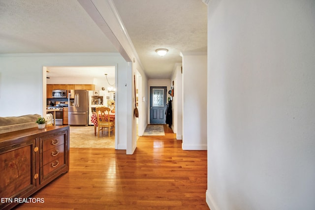 corridor with a textured ceiling, light hardwood / wood-style flooring, and ornamental molding