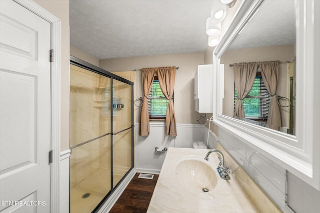 bathroom with a wealth of natural light, wood-type flooring, a shower with door, and vanity