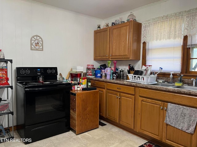 kitchen with black electric range oven, sink, and crown molding