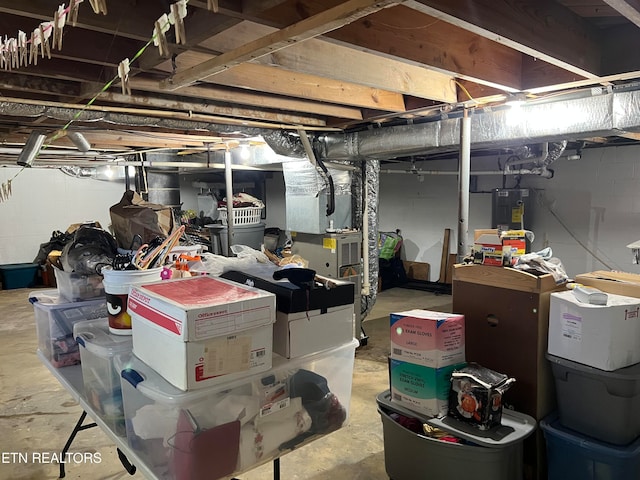 basement featuring heating unit