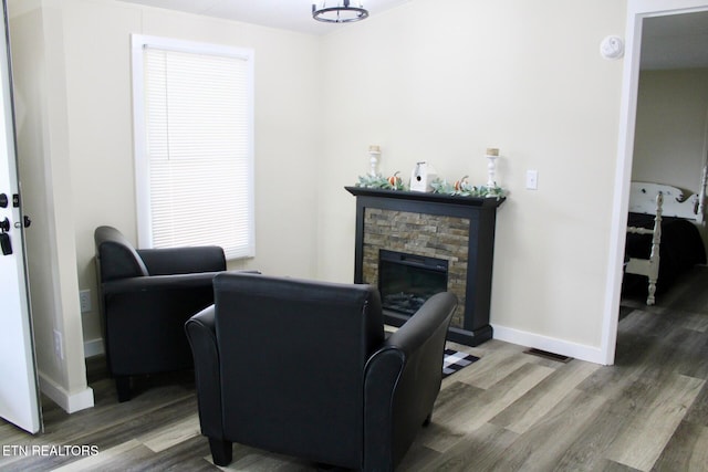 living room with hardwood / wood-style flooring and a stone fireplace