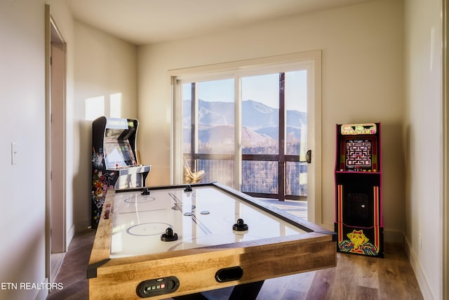 playroom with a mountain view and wood-type flooring