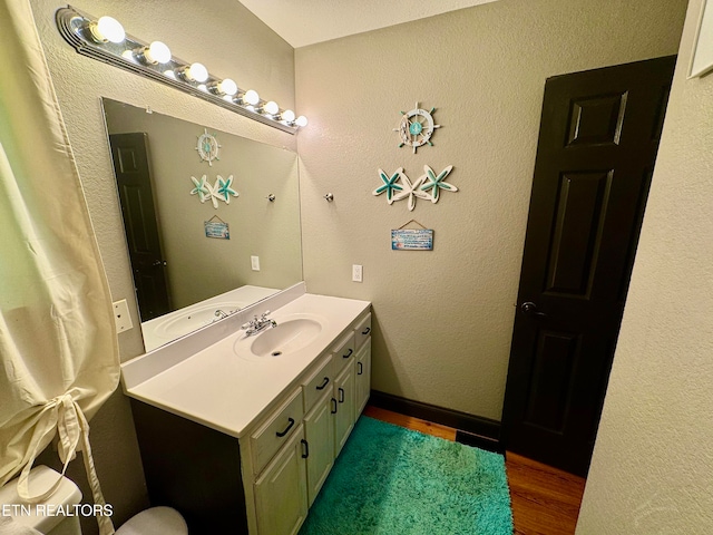 bathroom with vanity and wood-type flooring