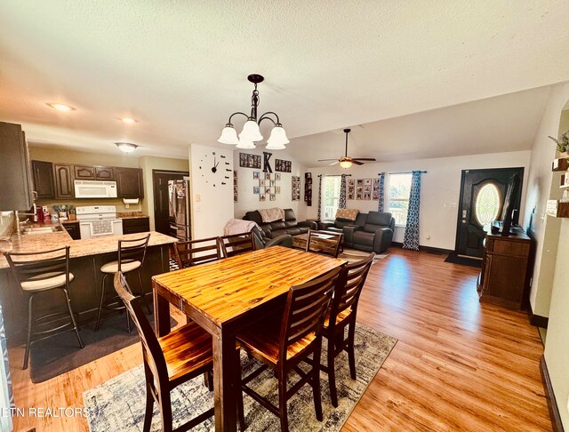 dining space with a textured ceiling, ceiling fan with notable chandelier, light hardwood / wood-style floors, and sink