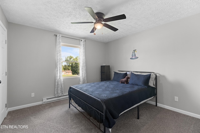 carpeted bedroom with a textured ceiling, a baseboard heating unit, and ceiling fan