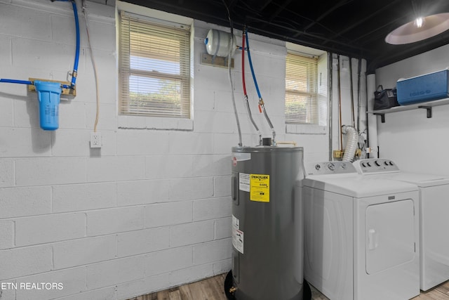 utility room featuring electric water heater and washer and clothes dryer