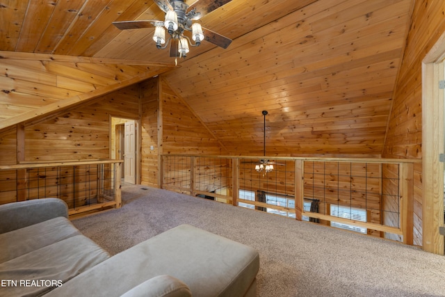 460 Sassafras Way, Cosby, TN 37722 - living area with wooden ceiling, a ceiling fan, wooden walls, lofted ceiling, and carpet floors