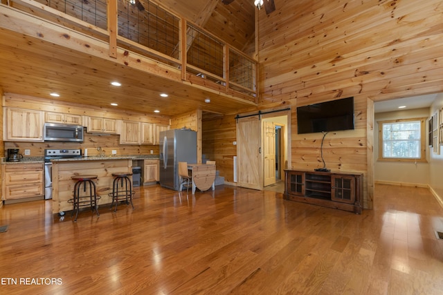 460 Sassafras Way, Cosby, TN 37722 - kitchen featuring appliances with stainless steel finishes, a barn door, a high ceiling, wood walls, and wood finished floors