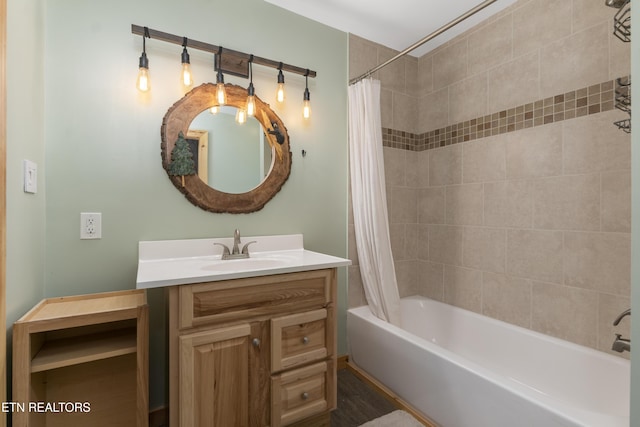 bathroom with vanity and shower / bathtub combination with curtain