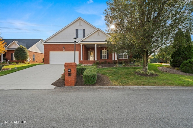 view of front of home with covered porch and a front yard