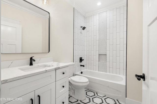 full bathroom featuring vanity, washtub / shower combination, ornamental molding, tile patterned flooring, and toilet