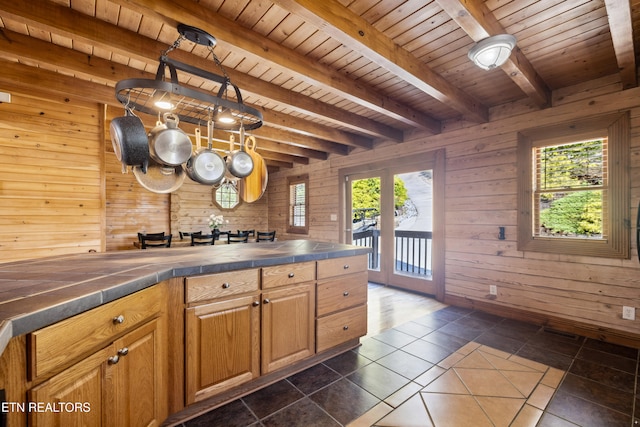 kitchen featuring wood walls and wooden ceiling