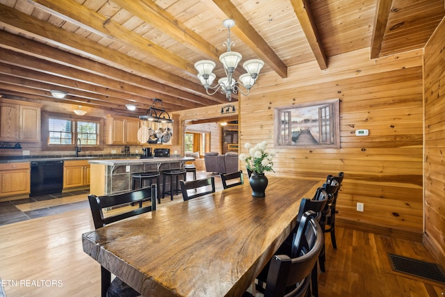 dining space with an inviting chandelier, light hardwood / wood-style flooring, wood walls, and a wealth of natural light