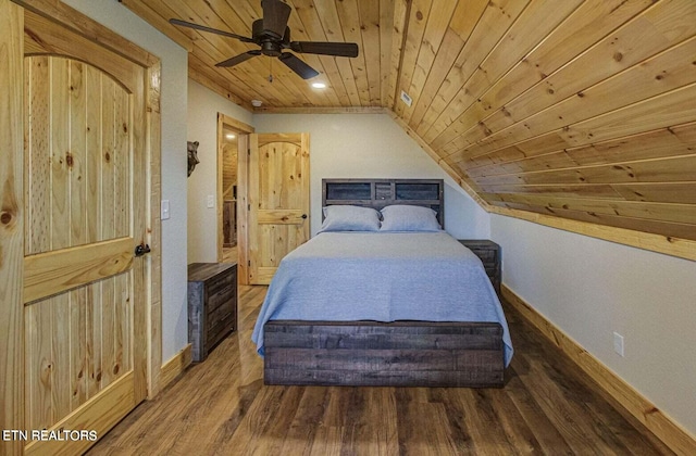 bedroom with ceiling fan, vaulted ceiling, wood ceiling, and hardwood / wood-style floors