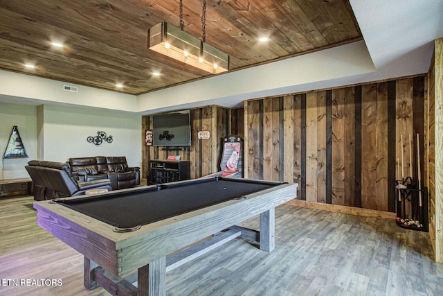 recreation room featuring wood-type flooring, wooden walls, billiards, and wooden ceiling