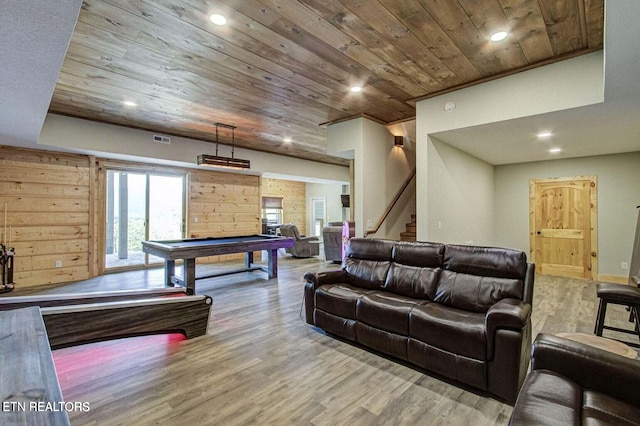 rec room with wood ceiling, wood-type flooring, and billiards
