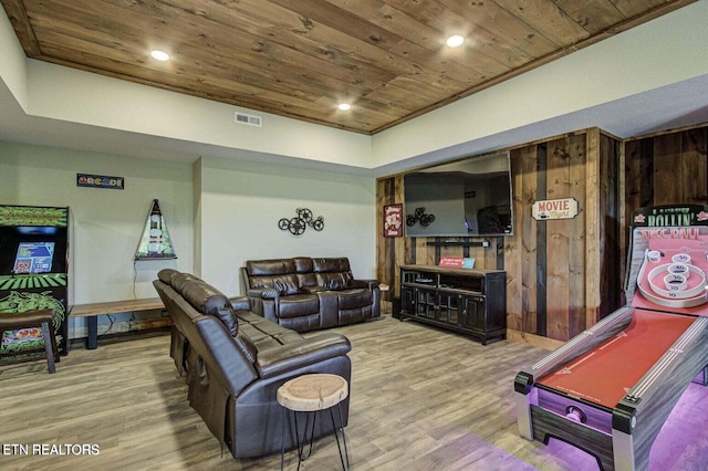 living room featuring pool table, wood ceiling, wooden walls, and hardwood / wood-style flooring