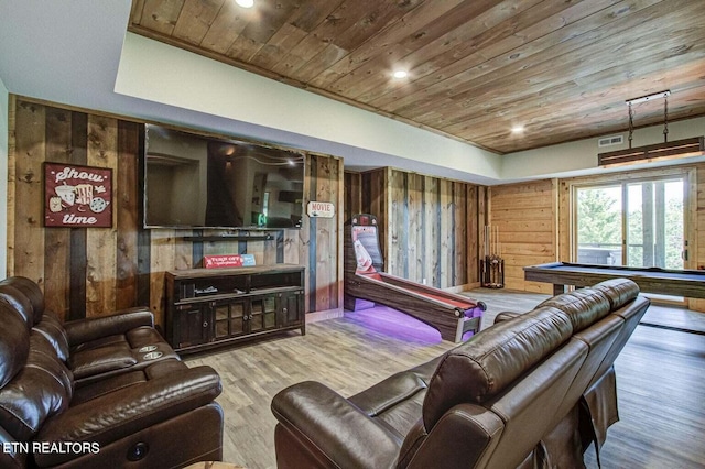 rec room with light hardwood / wood-style flooring, wooden walls, billiards, and wood ceiling