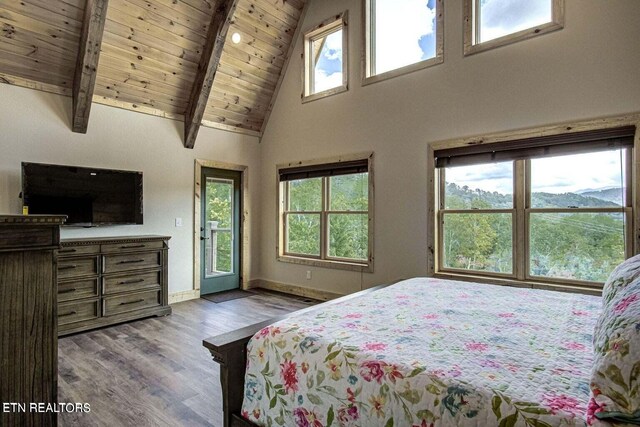 bedroom featuring wood ceiling, beam ceiling, hardwood / wood-style floors, and high vaulted ceiling
